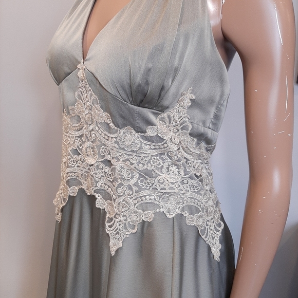 Vintage Joseph Ribkoff Halter Dress Sage Green Gold Crochet Maxi Sleeveless Gown - Picture 5 of 16